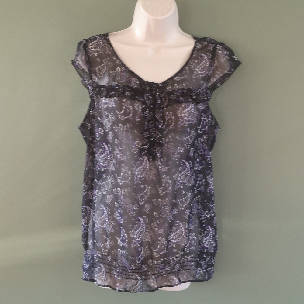 Sheer Paisley Flutter Sleeve Button Ruffle Front Elastic Waist Top Sz L Reitmans